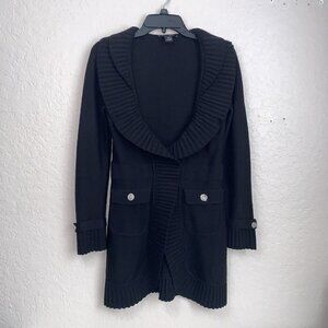 White House Black Market double ruffle knit cardigan Womens XS Snap Detail Black